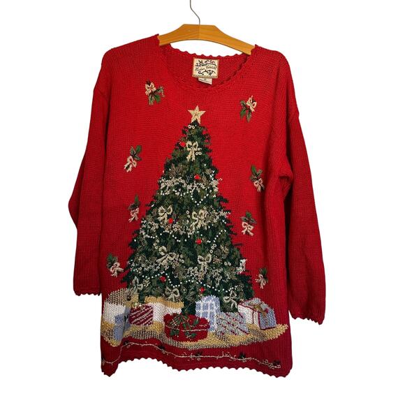 Vintage Heirloom Collectibles Embroidered Christmas Tree Sweater Bows Size M - Picture 1 of 7